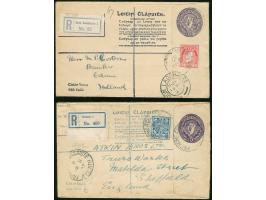 1927/37, two stationery registered letter 5 p. violet, size 152x96mm, both used uprated registered, one to England and one to