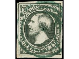 Luxemburg, target cancel in green (pointe perforante) on 1852, 10 c. deep black, clear to large margins, small faults. Opinio