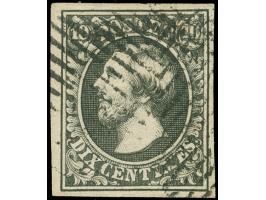 Luxemburg, handstamp with 26 bars, applied crosswise on 1852, 10 c. deep black, light greenish, good even margins, very fine.