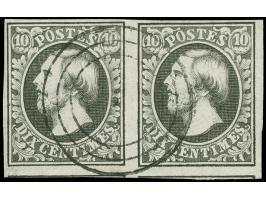 1852, 10 c. black, horizontal pair, ample to large margins, parts of neighbour stamps at base, neatly cancelled by central ta
