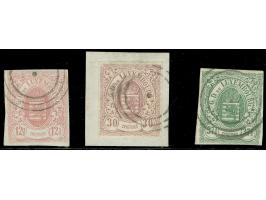 1859, 12½ c. rose, 30 c. lilac and 37½ c. green, all clear to wide margins, cancelled by target, 30 c. on piece&nbsp;