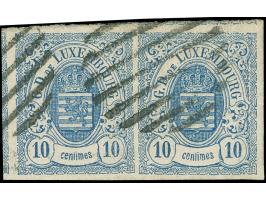 1859, 10 c. blue, horizontal pair with large even margins, parts of 3 neighbour stamps, neatly cancelled by circle of bars. S