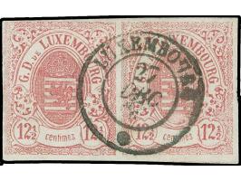 12½ c. rose, horizontal pair, clear to large margins, used by small c.d.s. of Luxemburg. Signed Goebel and FSPL&nbsp;