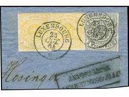 1859, 2 c. black and 2 copies 4 c. yellow, each slightly touched on one side, tied by c.d.s. "LUXEMBOURG " to small piece. vf