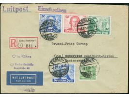 1949, Goethe 10-30 Pfg. kpl. mit weiterer Goethe 30 Pfg. und Bauten 10 Pfg. je mit Stempel “BERLIN-NEUKÖLLN 1 6.8.50” als por