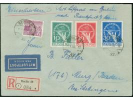 1949, Währungsgeschädigte 10-30 Pfg. kpl. und Bauten 6 Pfg. jeweils mit Stempel “BERLIN N49 11.4.50.” auf um einen Pfennig üb