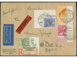 1949, Rotaufdruck 10 Pfg. aus der rechten oberen Bogenecke mit nicht durchgezähnten Plattendruck-Oberrand sowie 25, 40 und 50