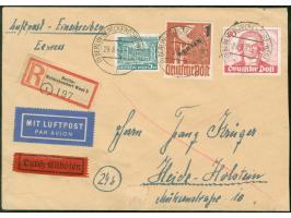 1949, Grünaufdruck 1 M., Goethe 20 Pfg. und Bauten 5 Pfg. jeweils mit Stempel “BERLIN-REINICKENDORF-WEST 3 29.8.49” als porto