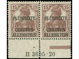 1920, Germania, 15 Pfg. dunkelbraunkarmin, Aufdruckfehler III “Kopf des P von PLEBISCITE geschwungen”, waagerechtes Unterrand