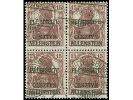 1920, Germania, 15 Pfg. dunkelbraunkarmin, Aufdruckfehler III “Kopf des P von PLEBISCITE geschwungen”, rechte obere Marke inn