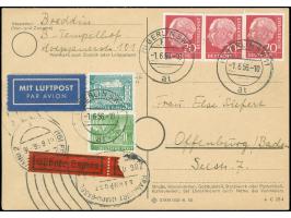 Fremdverwendung: 1954, Bund Heuss I 20 Pfg. im waagerechten Dreierstreifen in Mischfrankatur mit Berlin Bauten 5 und 10 Pfg. 