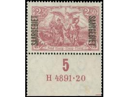 1920, Saargebiet auf Germania 2,50 M. rotlila, Unterrandstück mit UR-HAN “H 4891.20”, farbfrisch und gut gezähnt, ungebraucht