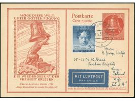 1952, Sonderkarte Maifeier 20 Pfg. mit portogerechter Zufrankatur van Beethoven 30 Pfg. als Luftpostkarte mit viel Text in di