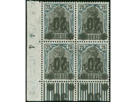 1920, Saargebiet auf Germania 20 auf 75 Pfg. schwärzlichblaugrün, kopfstehender Aufdruck, linker unterer Eckrand- Viererblock