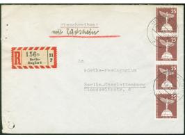 1956, Stadtbilder 25 Pfg., Rollenmarke mit Nummer im senkrechten Viererstreifen mit Stempel “BERLIN-STEGLITZ 4 24.6.60” als p