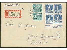 1956, Stadtbilder 15 Pfg. im Unterrand-Viererblock mit HAN “615229 2” und senkrechtem Paar Bauten 5 Pfg. je mit Stempel “BERL