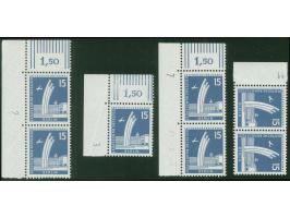 1956, Stadtbilder 15 Pfg., vier Randstücke bzw. Bogenecken mit Druckerzeichen “2”, “3”, “7” und “11”, postfrisch, einmal im R