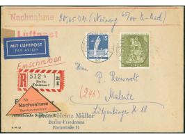 1956, Stadtbilder 1 M. und 15 Pfg. je mit Stempel “BERLIN-FRIEDENAU 23.1.57” als portogerechte Frankatur auf R-Nachnahme-Luft