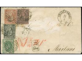 5 Ngr. ziegelrot, ½ &nbsp;Ngr. auf mattgrau, 1 Ngr. auf mattgraurot und 1851/63, Wappen 3 Pfg. grün, mit Nr. "37" und nebenge