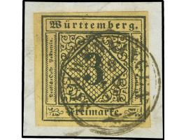 1851, 3 Kr. auf lebhaftolivgelb, Type V, allseits breitrandig, farbfrisch mit schwarzem DKr. “SCHWENNINGEN” auf Briefstück, i