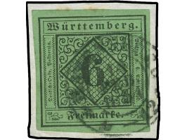 1851, 6 Kr. auf gelblichgrün, Type IIb, allseits voll- bis breitrandig, farbfrisch mit schwarzem DKr. “RAVENSBURG”, in einwan
