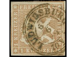 1857, 1 Kr. hellbraun, oben berührt, ansonsten voll- bis breitrandig geschnitten mit klarem DKr. “LUDWIGSBURG”, in einwandfre