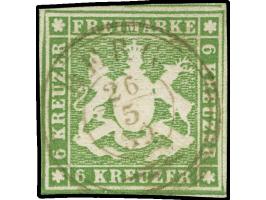 1857, 6 Kr. dunkelolivgrün, zum Teil leicht berührt, ansonsten voll- bis breitrandig geschnitten, farbfrisch mit DKr. “BERG” 
