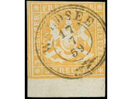 1857, 3 Kr. gelborange, Unterrandstück mit 5,5 mm Rand, an zwei Seiten etwas angeschnitten, ansonsten voll- bis überrandig, f