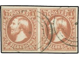 1852, 1 sgr. carmine red, horizontal pair, the left stamps with 'dot on forehead', good to large margins, neatly cancelled by