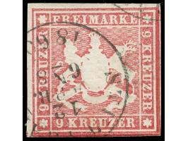 1859, 9 Kr. mittelrotkarmin, allseits vollrandig, aus der rechten unteren Bogenecke stammend mit verdickten Randlinien rechts