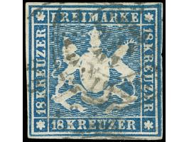 1859, 18 Kr. blau, allseits noch voll- bis breitrandig, vom rechten Rand stammend mit DKr. “ESSLINGEN”. Die farbfrische Marke
