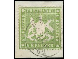 1861, 6 Kr. lebhaftgrün(lich)oliv mit undeutlichem DKr. auf Briefstück. Die farbfrische und gut gezähnte Marke ist in einwand