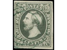 Diekirch, target cancel in green (pointe perforante) on 1852, 10 c. deep black, good margins, vf. Opinion Böttger BPP (2018)