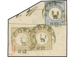 “COELN 1.1.75” (Spalink 24.7.74) mehrfach recht klar auf waagerechtem Paar großer Schild 5 Gr. und Einzelwert 2 Gr. auf Brief