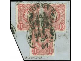 “COELN 1 *c 26.7.67” zweimal komplett, aber etwas verwischt auf waagerechtem Paar und Einzelmarke Ausgabe 1875 10 Pfge rot au