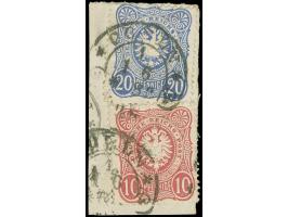 “COELN 1*c 1.6.75” (Spalink 4-12y) zweimal recht klar auf Ausgabe 1875 10 und 20 Pfge auf Briefstück. Die farbfrischen Marken