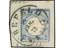“CREFELD 25.JAN.75” (Spalink 6-5) sehr klar und kpl. auf großer Schild 2 Gr. grauultramarin auf Briefstück. Die farbfrische M