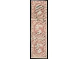 1852, 1 sgr. carmine rose, vertical strip of 3 with ample to large margins, lightly cancelled by circle of bars. Top stamp tw