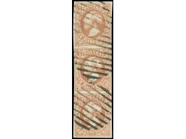 1852, 1 sgr. brown red, vertical strip of 3 with good to large margins, neattly cancelled by circle of bars. Top stamp faint 