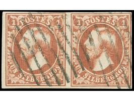 1852, 1 sgr. brown red, horizontal pair with ample to large margins, neattly cancelled by circle of bars, very fine. Opinion 