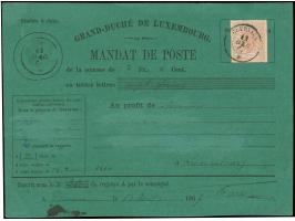 1865/75, 12½ c. rose, tied by c.d.s. "CLAIRVAUX 13 AVRIL 67" to green 'MANDAT DE POSTE' to Luxembourg. Name in address and se
