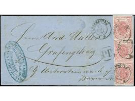 1859, 12½ c. rose, vertical strip of 3, clear to large margins, tied by c.d.s. "LUXEMBOURG 25 JUIL 61" to letter sheet to Bav