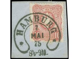 “HAMBURG 7.MAI.75” (Spalink 17-6) sehr klar auf Ausgabe 1875 10 Pfge lilarot auf Briefstück. Die Marke mit verklebtem Einriss