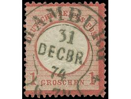 “HAMBURG 31.DECBR.74" (Spalink 17-10) sehr klar und zentrisch auf großer Schild 1 Gr. karmin. Die farbfrische Marke ist deutl