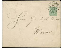 “HAMBURG 19.JUNI.1875" (Spalink 17-10) klar auf Ausgabe 3 Pfge grün auf kpl. Drucksachenfaltbrief im Wechselverkehr nach Wien