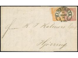 “HAMBURG I.A. 11.MÄRZ.74" (Spalink 17-3) klar auf großer Schild ½ Gr. orange und 1 Gr. karmin im Format L15 als tarifgerechte