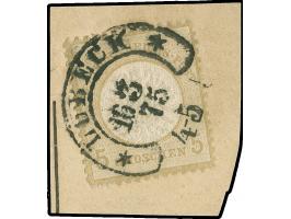 “LÜBECK 16.3.75” (Spalink 22-1) sehr klar und kpl. auf großer Schild 5 Gr. ockerbraun auf Briefstück. Die farbfrische Marke i