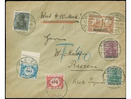 1920, Germania, 1,50 Mark braunocker mit Zufrankatur auf unterfrankiertem Wertbrief (410 Mark) mit Entwertung NEUNKIRCHEN 17.