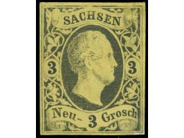 3 Ngr. a. gelb mit 'Sachsenringel' im Schläfenbereich, voll- bis breitrandig, ungebraucht ohne Gummi. Rückseitig kleine Hinte