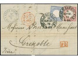 “MÜHLHAUSEN i. ELS. 16.SEPTBR.72” (Spalink 26.2) zweimal klar auf großer Schild 1 und 2 Gr. als tarifgerechte Frankatur auf k
